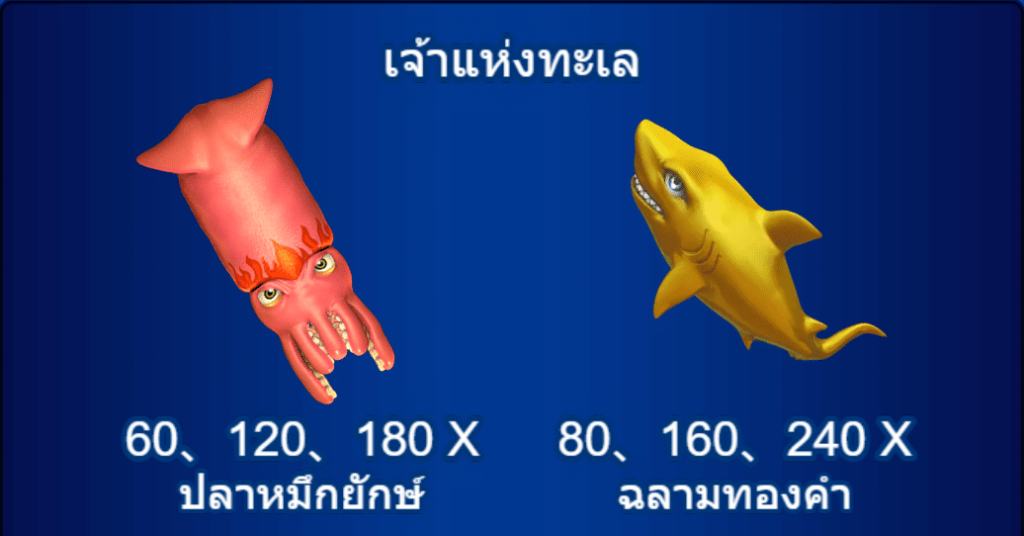 ปลาหมึกยักษ์ อัตราการจ่ายจะอยู่ที่ 60 ,120 ,180X
ฉลามทองคำ อัตราการจ่ายจะอยู่ที่ 80 ,160 ,240X